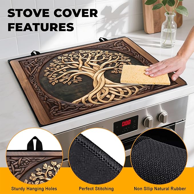 Tree of Life Stove Top Cover Retro Flower Gas Stove Top Cover for Home Decoration Kitchen Pad Non-Stick Washable Cooktop Covers Countertop Protector Keep Stove Clean 28"x20"