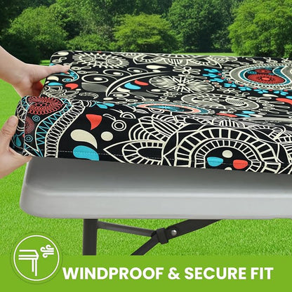 Smiry Spandex Fitted Tablecloth for 6 Foot Rectangle Tables, Washable Picnic Table Cover with Elastic, Stretch Reusable Table Cloth for Outdoor, Camping, Dining & Kitchen (Black Paisley, 30"x72")