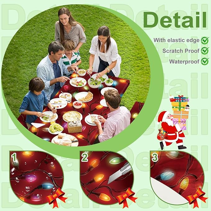 Christmas Picnic Table Cover with Bench Cover, Outdoor Picnic Table Elastic Tablecloth, Red Holiday Light Design, Camping, Barbecue and Christmas Parties
