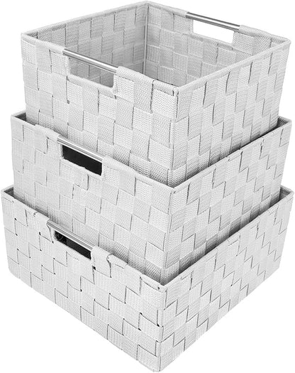 Sorbus Storage Box Woven Basket Bin Container Tote Cube Organizer Set Stackable Storage Basket Woven Strap Shelf Organizer Built-In Carry Handles (White)