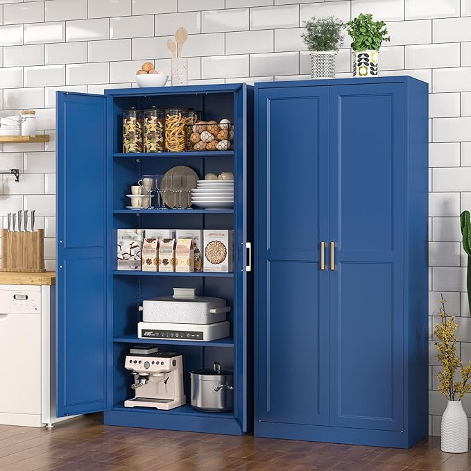 Polup Kitchen Pantry Cabinet, 71 Inch Tall Metal Pantry Cabinet with Doors and Adjustable Shelves, Freestanding Food Cupboard, Storage Cabinets for Dining, Living Room, Navy Blue, Assemble Required