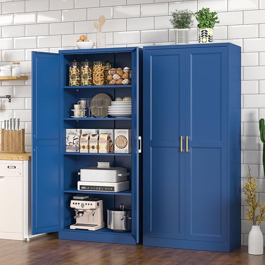 Polup Kitchen Pantry Cabinet, 71 Inch Tall Metal Pantry Cabinet with Doors and Adjustable Shelves, Freestanding Food Cupboard, Storage Cabinets for Dining, Living Room, Navy Blue, Assemble Required