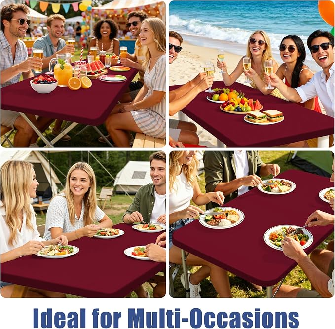 Moosfor Spandex 4 Foot Rectangle Table Cloth, Elastic Fitted Tablecloths for Picnic, Stretch Washable Patio Table Cover for Outdoor, Camping, Banquet and Parties (Wine Red, 30"x48")