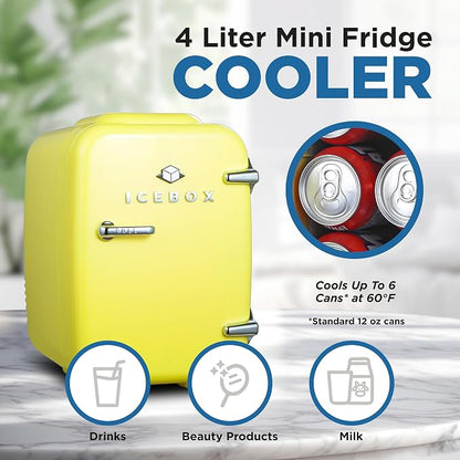 IceBox 4-Liter Mini Fridge Cooler/Warmer, IBMF4SUN, Sun Yellow | Portable Refrigerator Holds 6 Cans, Compact for Skincare, Beverages and Food, Includes 120V AC and 12V Car Adapters