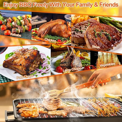 Portable Charcoal Grill, Foldable Small Barbeque Grill with Lid, 19" Rectangular Lightweight Compact Tabletop BBQ Grill Set for Camping Backyard Cooking and Picnic