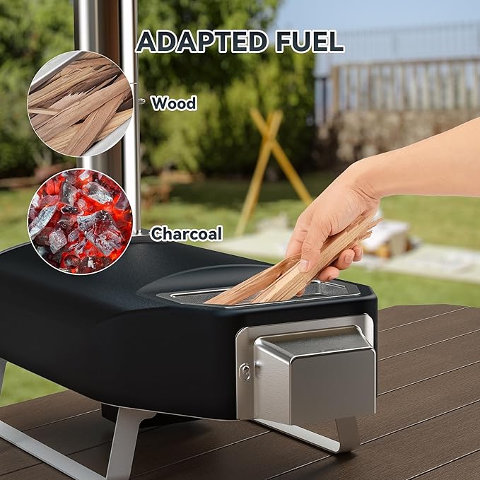 Wood Fire Pizza Oven with Rotatable Stone, Portable Wood/Charcoal Pizza Oven with Chimney and Door, Outdoor Pizza Stove for Backyard, Camping, Picnicking, RV, Tailgating, PS108