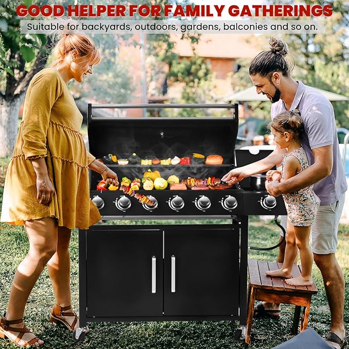 6-Burner w/Side Burner Gas Grill with 403 SQ.IN. Outdoor Grill with 60,000 BTU,Propane Grills with Top Cover Lid,Grills Outdoor Cooking for Patios,Camping,Balcony-Q032
