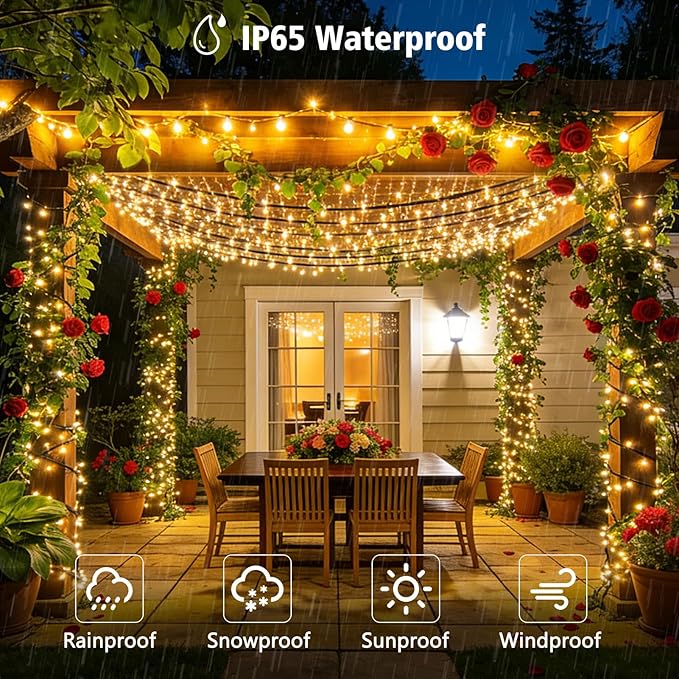 4 Pack Solar String Lights, Total 132Ft 400 LED Solar Powered Twinkle String Lights Waterproof with 8 Lighting Modes Green Wire for Patio Garden Party Yard Wedding Decors (Warm White)