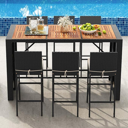 7 Piece Patio Wicker Bar Set, Rattan Bar Stools Set for Bistro with Acacia Wood Tabletop & Seat Cushions, Outdoor High Top Table and Chairs for Backyard Garden Porch Poolside (73 Inch)