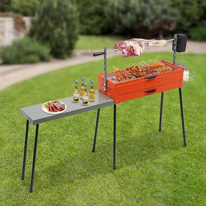 Portable Charcoal Grill, Stainless Steel Outdoor BBQ Grill, Camping Barbecue Grill for Garden Backyard Party Picnic Cooking with Rotisserie Grill Kit, Side Table & Adjustable Leg