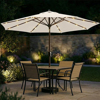 10FT Solar Patio Umbrella with Lights, Outdoor Table Market Umbrella with 32 LED Lights, 8 Sturdy Ribs, Push Button Tilt and Crank for Pool, Deck and Garden, UV-Resistant