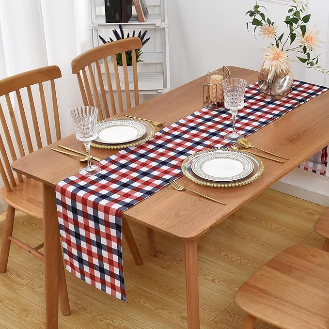 Waterproof Checkered Tablecloth Runner Fabric - Rectangle 12x108 Inch Classic Gingham Buffalo Plaid Table Cover for Indoor/Outdoor Use - for Kitchen, BBQs, and Parties