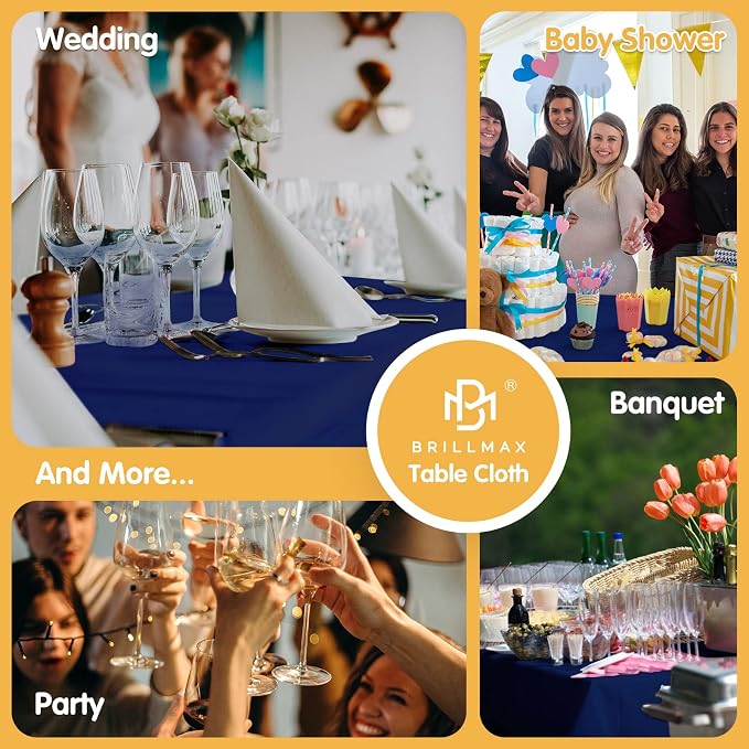 BRILLMAX 10 Pack Navy Blue Tablecloths 60x126 Inch for 8ft Rectangle Tables | 150 GSM Polyester Fabric, 15" Standard Drop, Water, Stain & Wrinkle Resistant Cloth Cover for Wedding Reception Banquet Party