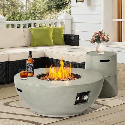 37" Propane Gas Fire Pit Table - 50,000 BTU Smokeless Burner, Pulse Ignition & Two-Level Adjustment, Grey Round Steel Fire Pit with Tank Holder, All-Weather Concrete Finish