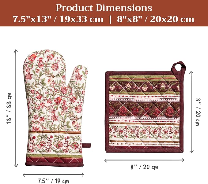 Maison d' Hermine 100% Cotton Oven Mitt & Pot Holder Set (7.5"x13" & 8"x8") | Heat Resistant BBQ Cooking Gloves with Loop Baking Kitchen Hotel Home Farmhouse Thanksgiving Christmas - Reveillon Au Jardin