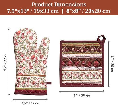 Maison d' Hermine 100% Cotton Oven Mitt & Pot Holder Set (7.5"x13" & 8"x8") | Heat Resistant BBQ Cooking Gloves with Loop Baking Kitchen Hotel Home Farmhouse Thanksgiving Christmas - Reveillon Au Jardin