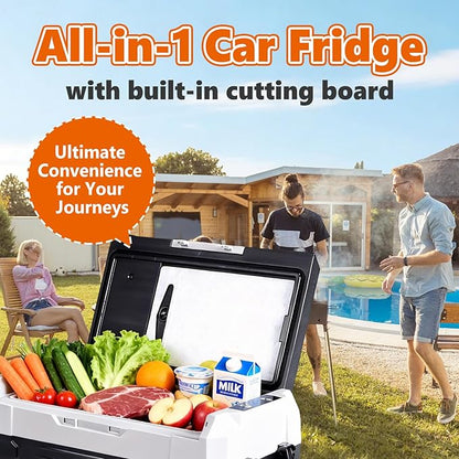 OLIXIS Portable Car Refrigerator, 53QT Dual-Zone Electric Cooler for Vehicles with Wheels & Cutting Board, -4℉-68℉ Freezer Smart Control via Bluetooth, Battery Protection, 12/24V DC & 100-240V AC