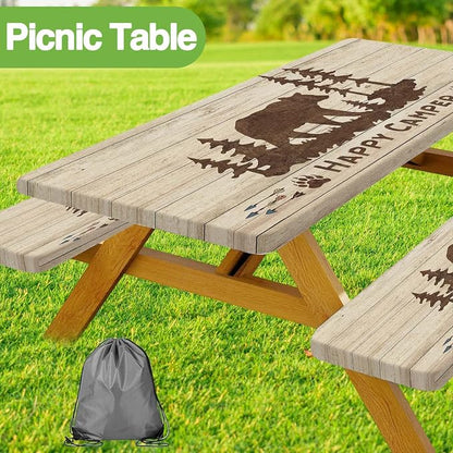 Picnic Table Cover with Bench Covers and Bag, Rustic Bear Camping Fitted Tablecloth Cover with Elastic Edge, Wooden Camper Waterproof Windproof for Indoor & Outdoor, Garden, 3 Pieces Set, 30x72 Inch