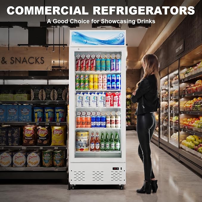26.8'' W Commercial Beverage Refrigerator, 15 Cu.ft Upright Display Merchandiser Cooler Fridge with LED Light, Adjustable Shelves & Lockable Door for Restaurant Grocery Stores Home, White