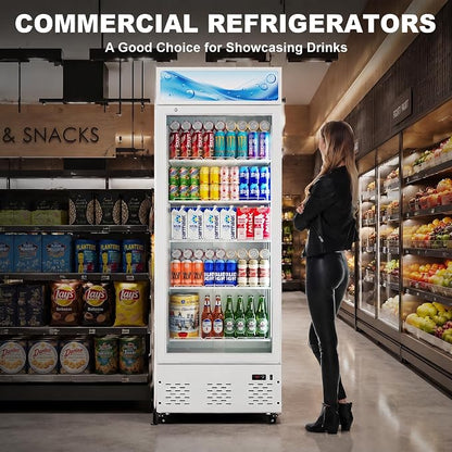 26.8'' W Commercial Beverage Refrigerator, 15 Cu.ft Upright Display Merchandiser Cooler Fridge with LED Light, Adjustable Shelves & Lockable Door for Restaurant Grocery Stores Home, White