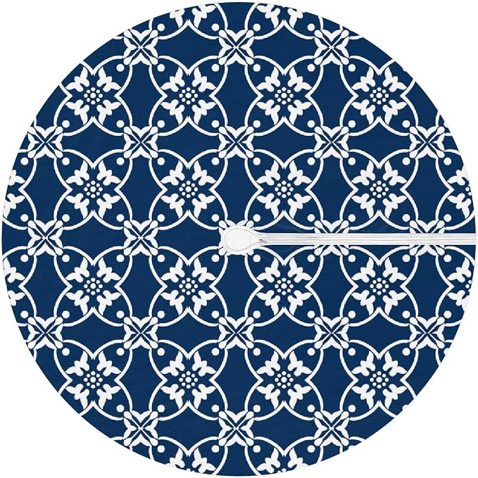 Navy Blue Mandala Outdoor Round Fitted Tablecloth with Umbrella Hole and Zipper, 45"-56" Elastic Patio Table Cloth Oil-Proof Waterproof Patio Table Cover for Picnic Party Camping