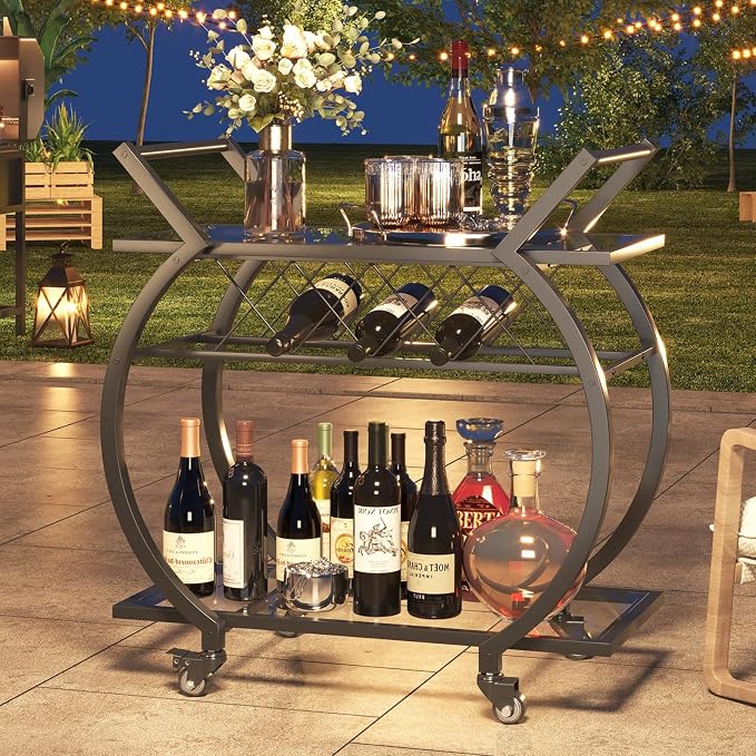 LVB Bar Cart with Glass, Black Bar Cart with Wheels, Home Bar Serving Cart | 2 Tier Glass Shelves Bar Cart with Storage, Wine Cart with Wine Rack, Liquor Cart for Kitchen, Bar, Dinning Room