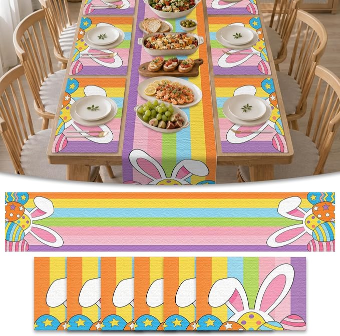 Nuxovilar Set of 7 Easter Table Runner & Placemats | Rainbow Easter bunny and egg design linen placemat set. Festive dining accessories for spring gatherings.