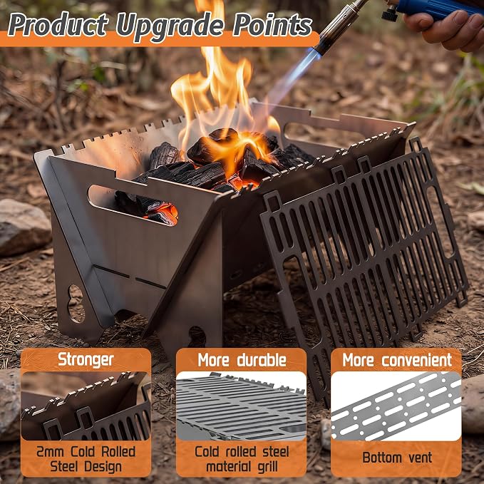 Portable charcoal Grill,Foldable Heavy Duty Camping,Non-Toxic | 15.7"x9.1"x7.9",2mm Steel Construction for Outdoor Cook, Family BBQ, Picnic，Detachable, Folds to 3cm Flat for Easy Storage