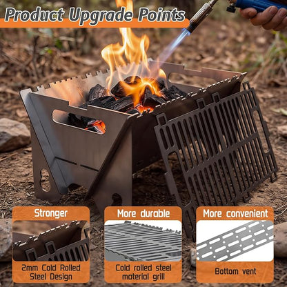 Portable charcoal Grill,Foldable Heavy Duty Camping,Non-Toxic | 15.7"x9.1"x7.9",2mm Steel Construction for Outdoor Cook, Family BBQ, Picnic，Detachable, Folds to 3cm Flat for Easy Storage