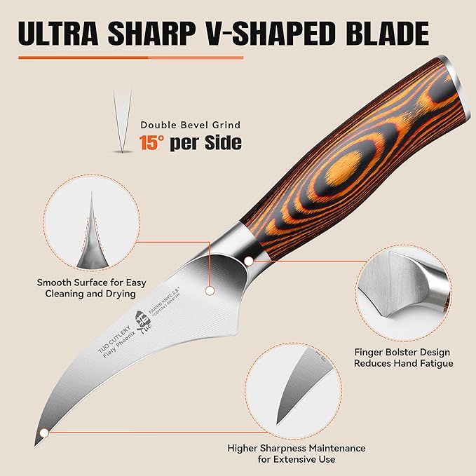 TUO Bird Beak Paring Knife, 2.5 inch Handy Peeling Knife, Curved Small Blade for Fruit & Vegetable, German Stainless Steel, Ergonomic Pakkawood Handle - Fiery Series