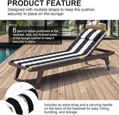 Crestlive Products Chaise Lounge Cushion Outdoor Set of 2, Foldable Waterproof Pool Lounge Chair Cushions with Straps, Lounger Cushions for Outdoor Furnitur, 71''Lx21''W (Black Stripe)