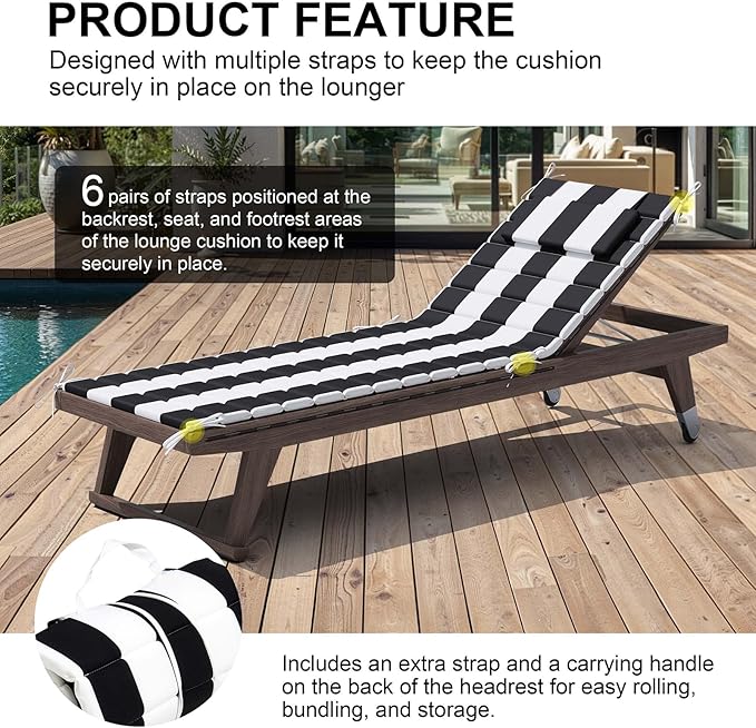 Crestlive Products Chaise Lounge Cushion Outdoor Set of 2, Waterproof Foldable Pool Lounge Chair Cushions with Straps 80''Lx26''W, Lounger Cushions for Outdoor Furniture, Patio, Black Stripe