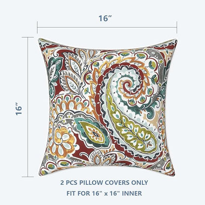 LVTXIII Outdoor Throw Pillow Covers Set of 2, Patio Waterproof Pillow Cases Fade Resistant Accent Pillow Covers for Home and Garden Furniture Decoration, 16x16, Paisley Chilli