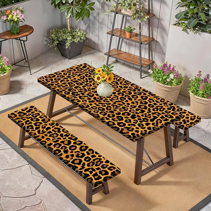 Leopard Print Picnic Table Cover with Bench Covers Set, Waterproof Elastic Fitted Tablecloth for Outdoor Picnic Tables, Durable Vinyl Animal Print Table Cover for Camping, BBQs, and Patio Parties