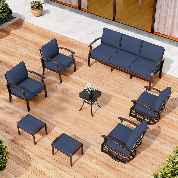 ALAULM Aluminum Patio Furniture Set with 2 Swivel Chairs 9-seat Metal Outdoor Furniture Patio Sectional Sofas Patio Conversation Set w/2 Ottomans for Patio, Backyard, Poolside-Dark Blue