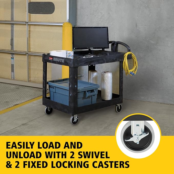 Rubbermaid Commercial Products 2-Shelf Utility/Service Cart, Medium, Black, Lipped Shelves, Ergonomic Handle, 500 Lbs Capacity, forfor Warehouse/Garage/Cleaning/Manufacturing