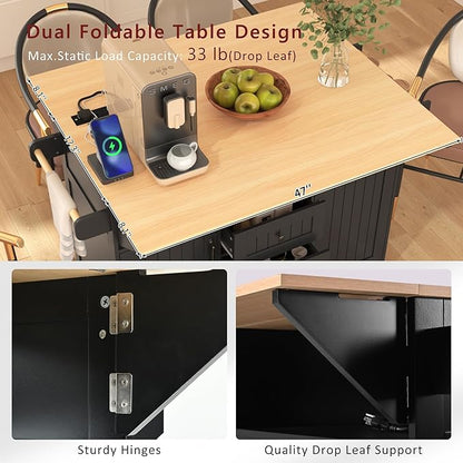 Merax 55.7" Upgraded Large Kitchen Cart Island on Wheels with 2 Drop Leaf,Power Outlet,3 Drawers,Wood Frame Storage Cabinet
