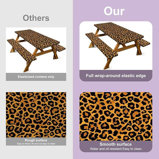 Leopard Print Picnic Table Cover with Bench Covers Set, Waterproof Elastic Fitted Tablecloth for Outdoor Picnic Tables, Durable Vinyl Animal Print Table Cover for Camping, BBQs, and Patio Parties