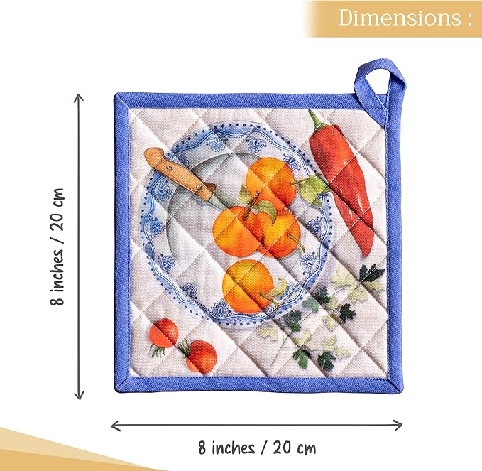 Maison d' Hermine Pot Holders 100% Cotton Heat Resistant Potholders 8" x 8" Hot Pads with Loop BBQ Cooking Baking Hotel Farmhouse Kitchen Handling Hot Pans Spring Summer (Pack of 1, Gourmand)