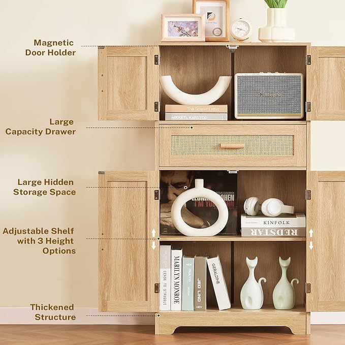 47.2" H Tall Storage Cabinet with Adjustable Shelf, Rattan Cabinet, Cupboard for Living Room, Dining Room, Entryway, Home Office, Natural