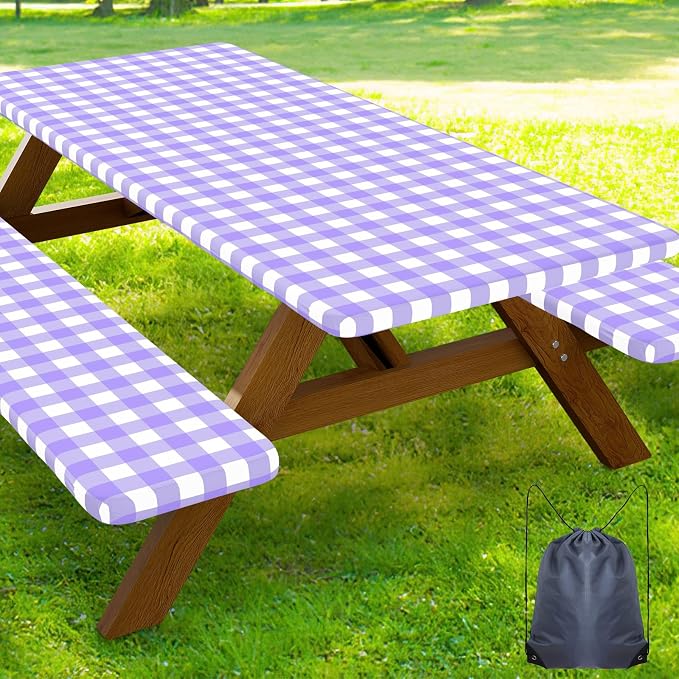 Smiry Picnic Table Cover with Bench Covers, Waterproof Elastic Fitted Tablecloths for 5 Foot Rectangle Tables, Washable Buffalo Plaid Tablecloth for Camping, Outdoor (Purple & White, 30"x60")