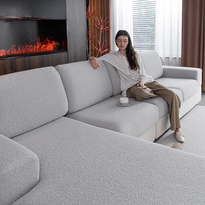 OHSIO Couch Cushion Covers for Sectional Sofa, Stretch Soft Sofa Slipcovers Washable Wear-Resistant Universal Furniture Protector for Living Room(2 Seaters Covers+1 Chaise Cover, Light Gray)