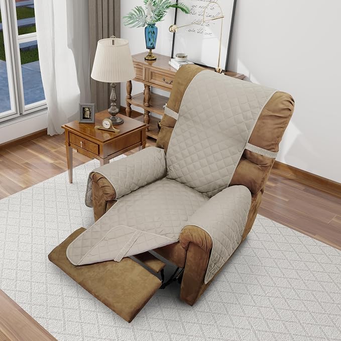 Reversible Chair Covers for Recliner Oversized, Beige/Beige | Recliner Oversized Covers for Living Room with Elastic Straps, Water Repellent, Chair Protectors Covers for Dogs