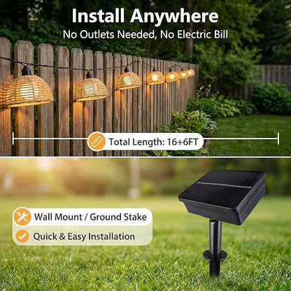 Solar Rattan String Lights Outdoor, 16FT 16 LED Half-Globe Hemisphere Wicker Lanterns, IP65 Waterproof Solar Powered Patio Lights, Boho Decorative Hanging Lighting for Garden Porch Wedding