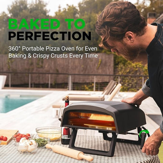 NutriChef Outdoor Pizza Oven with 360° Rotating Pizza Stone | Cooks 12" Pizza in 60 seconds | Adjustable Heat Control Dial, Includes Pizza Peel, Stone & Regulator with Hose | Short Handle