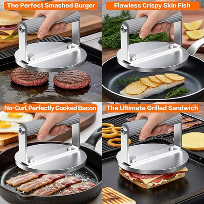 The Artisan Sear Press by QAP | Heavy Duty 1.95kg Stainless Steel Grill Press for Smashed Burgers, Steak, Fish & Salmon | Professional Meat & Seafood Weight |163mm Round BBQ Hot Plate Accessory BP1-01