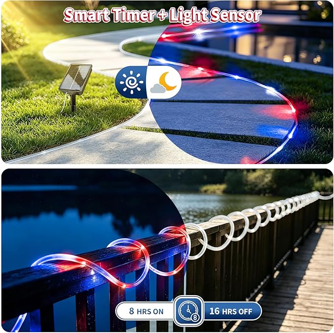 Red White and Blue Solar Rope Lights Waterproof, Solar String Lights for 4th of July Decorations, 33ft 100LED Patriotic Lights Outdoor Indoor for Independence Day Memorial Day