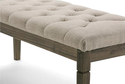 SIMPLIHOME Waverly 48" Wide Linen Look Rectangle Ottoman in Natural | Natural linen look, traditional tufted ottoman bench with carved legs; perfect footstool or footrest for bedroom or entryway.