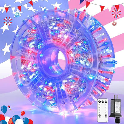 JMEXSUSS 400 LED Red White and Blue String Lights Outdoor, Plug in | 132FT 4th of July Lights Indoor, 8 Modes Patriotic String Light for Memorial Day Independence Day Decoration, with Remote