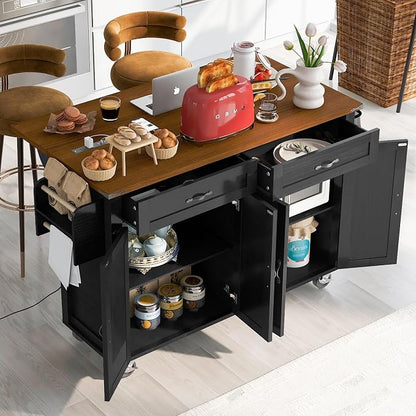 53.5''Farmhouse Kitchen Island with Power Outlet,Storage Cart W/Drop Leaf/Spice Rack/Drawer,Rolling KitchenCart on Wheels,for Home,Dining Room,Black